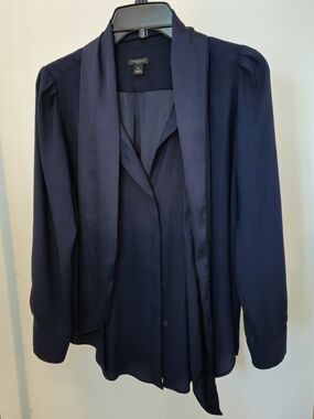 Ann Taylor Navy Draped Scarf Collar Blouse - Medium Petite